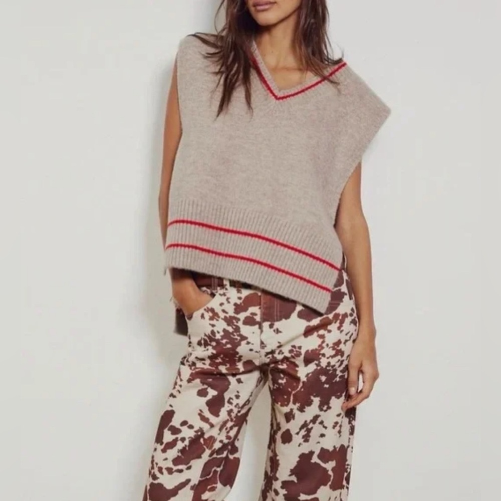 Free People All Star Poncho Knit Sweater Vest in Tan/Red NWT ONE SIZE
